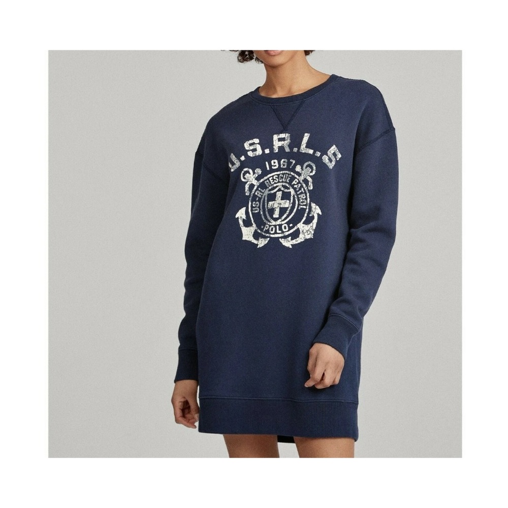 Polo Ralph Lauren Navy Fleece lined Sweatshirt Dress nautical boating Large